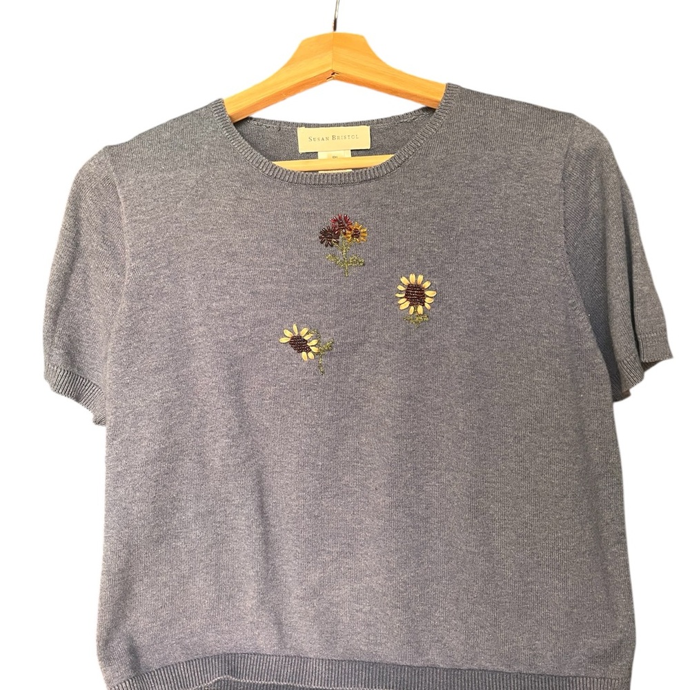 Susan Bristol Gray Floral Embroidered Women's Top